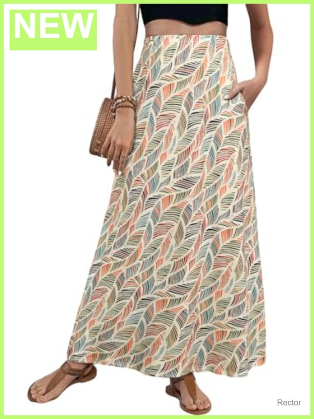 Women Maxi Skirt Elastic Waist Pockets Floral A-Line Long Beach Vacation